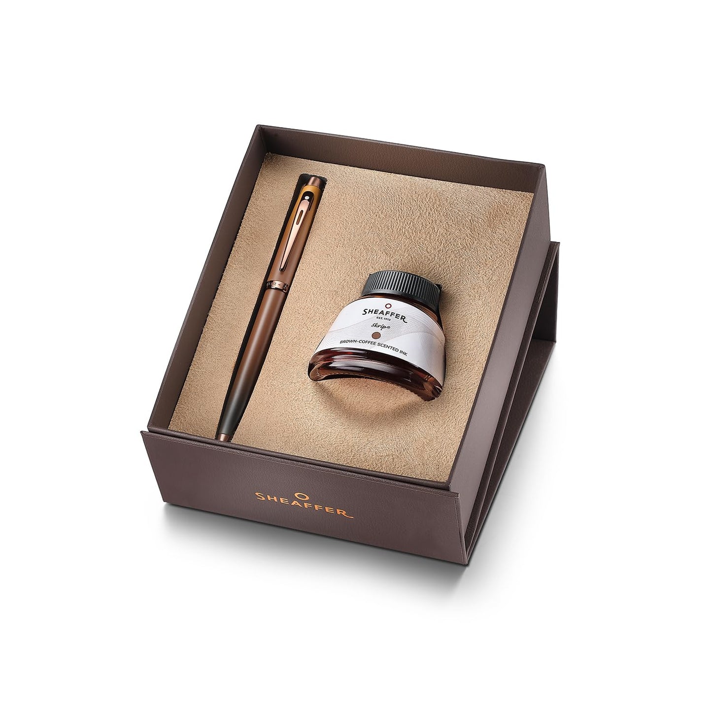Sheaffer 100 Gift Set 9374 Coffee Edition Fountain Pen (Medium) with Regal Brown PVD Trims and Coffee Scented Skrip Ink (50 ml)