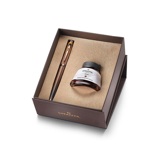 Sheaffer 100 Gift Set 9374 Coffee Edition Fountain Pen (Medium) with Regal Brown PVD Trims and Coffee Scented Skrip Ink (50 ml)