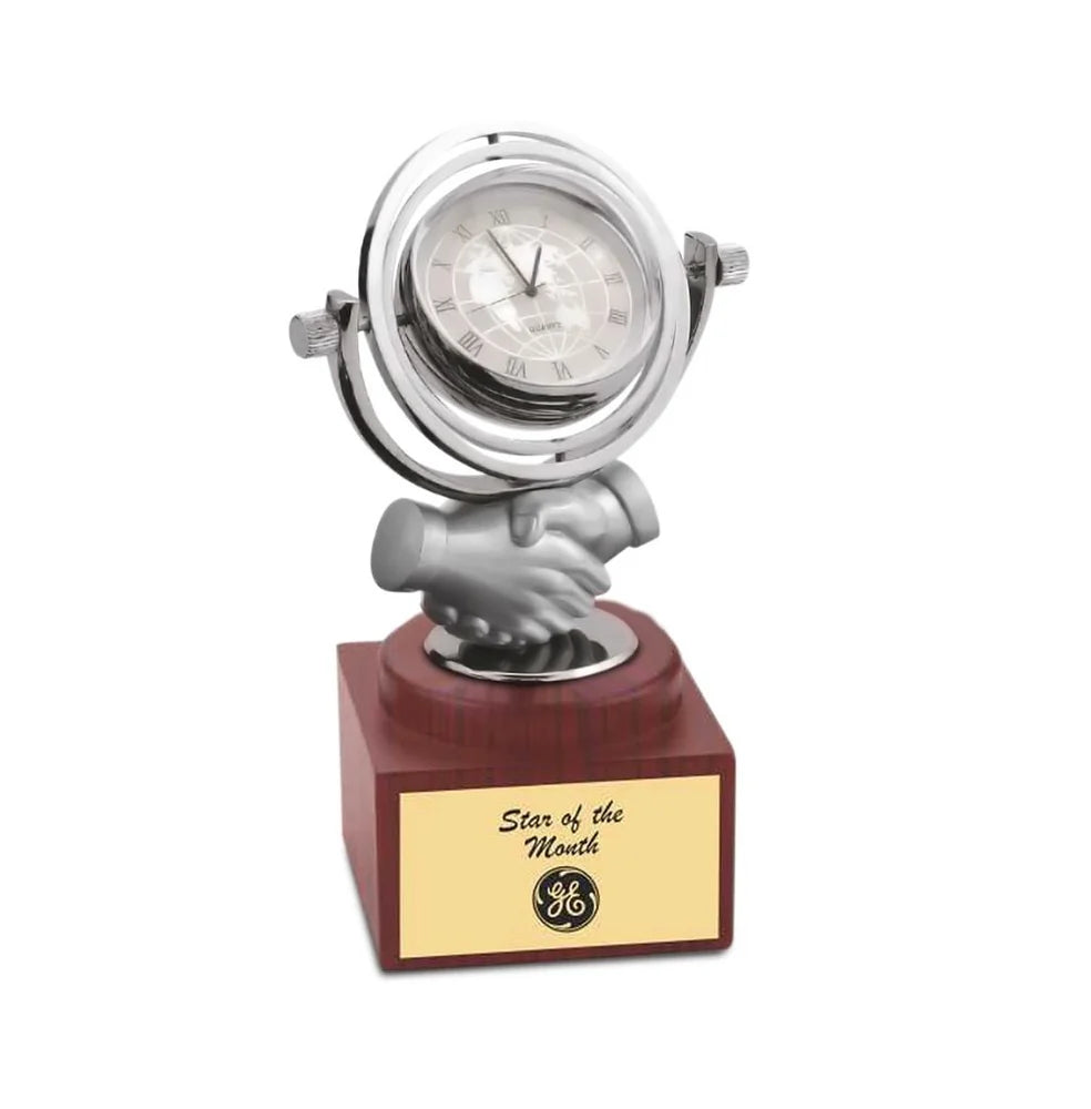 Stainless Steel Hand Shake With Rotating Clock Desktop