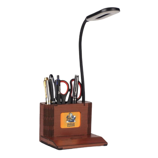 PowerGlow Wooden 3 step Dimmer Lamp With Glowing Multicolor Logo plate & Phone stand