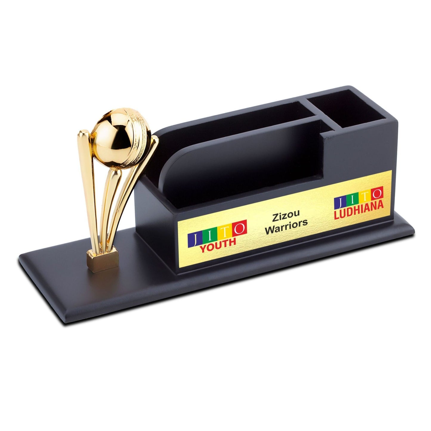 Wooden Desktop Organizer With Cricket-Themed Stump