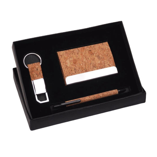 Compact 3 Pc Cork Gift Set Cork Pen, Metal Cork Keychain & Cork Card Holder