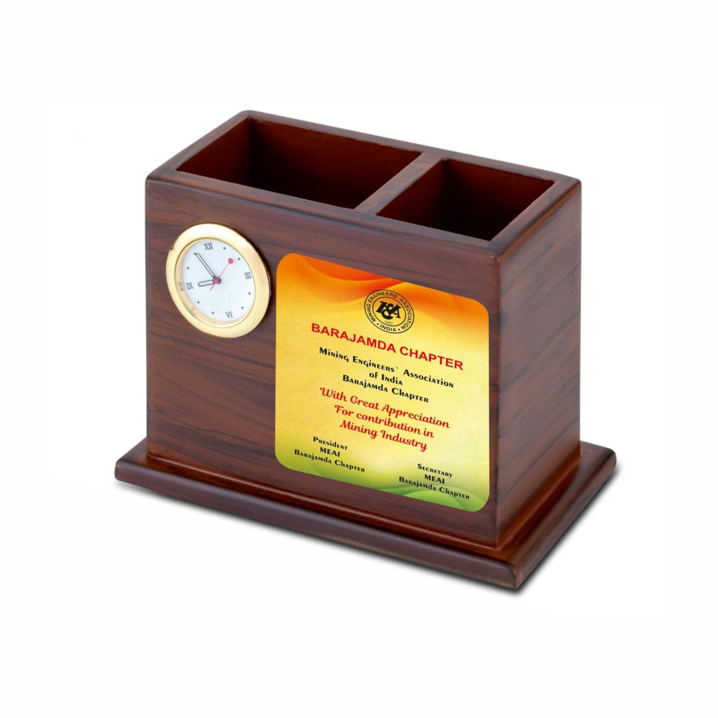 Chestnut Brown Color Wooden Desk Stand With Clock