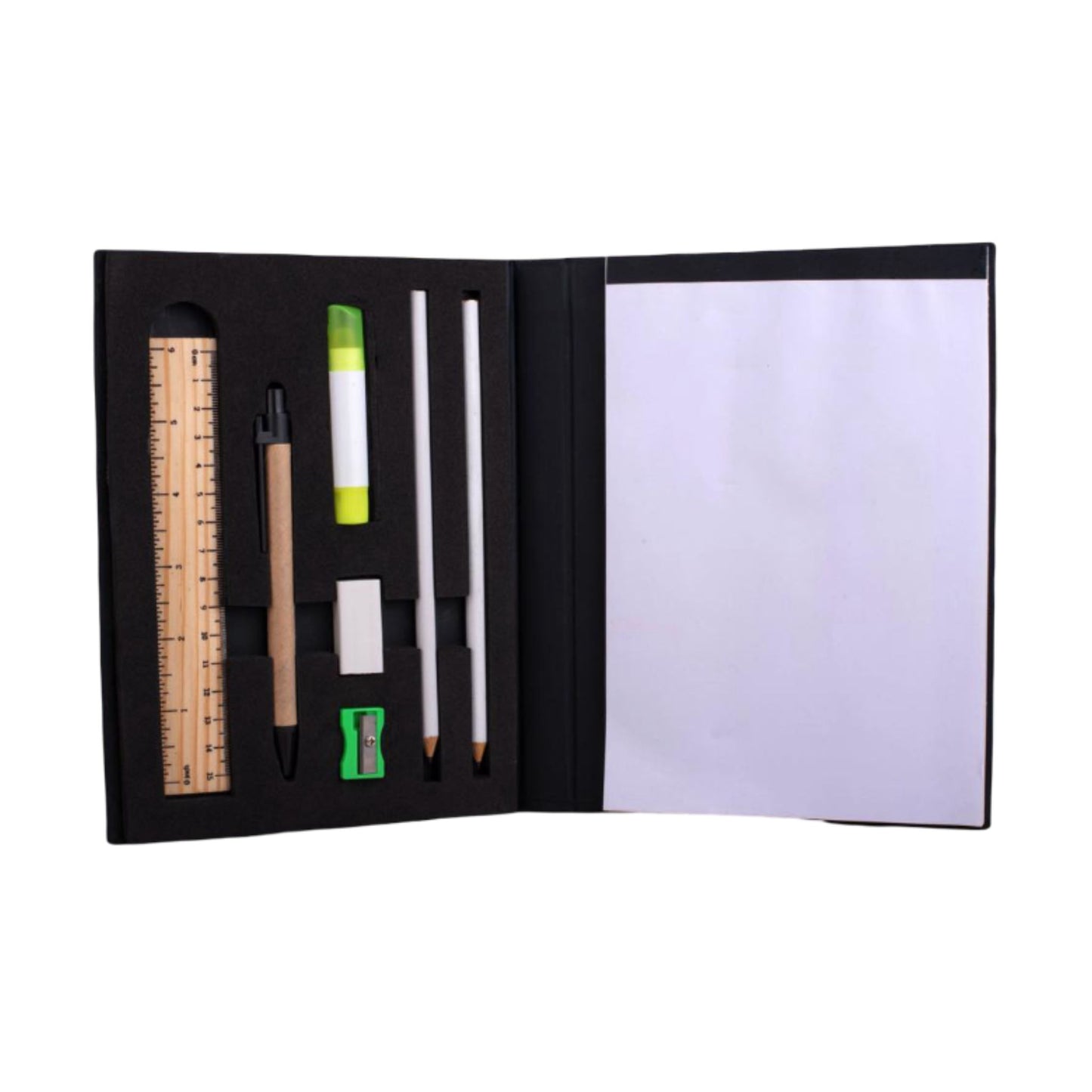 Compact Stationery kit with Writing pad, Eco Pen, Wooden Ruler, Highlighter, 2 Pencils, Sharpener and Eraser