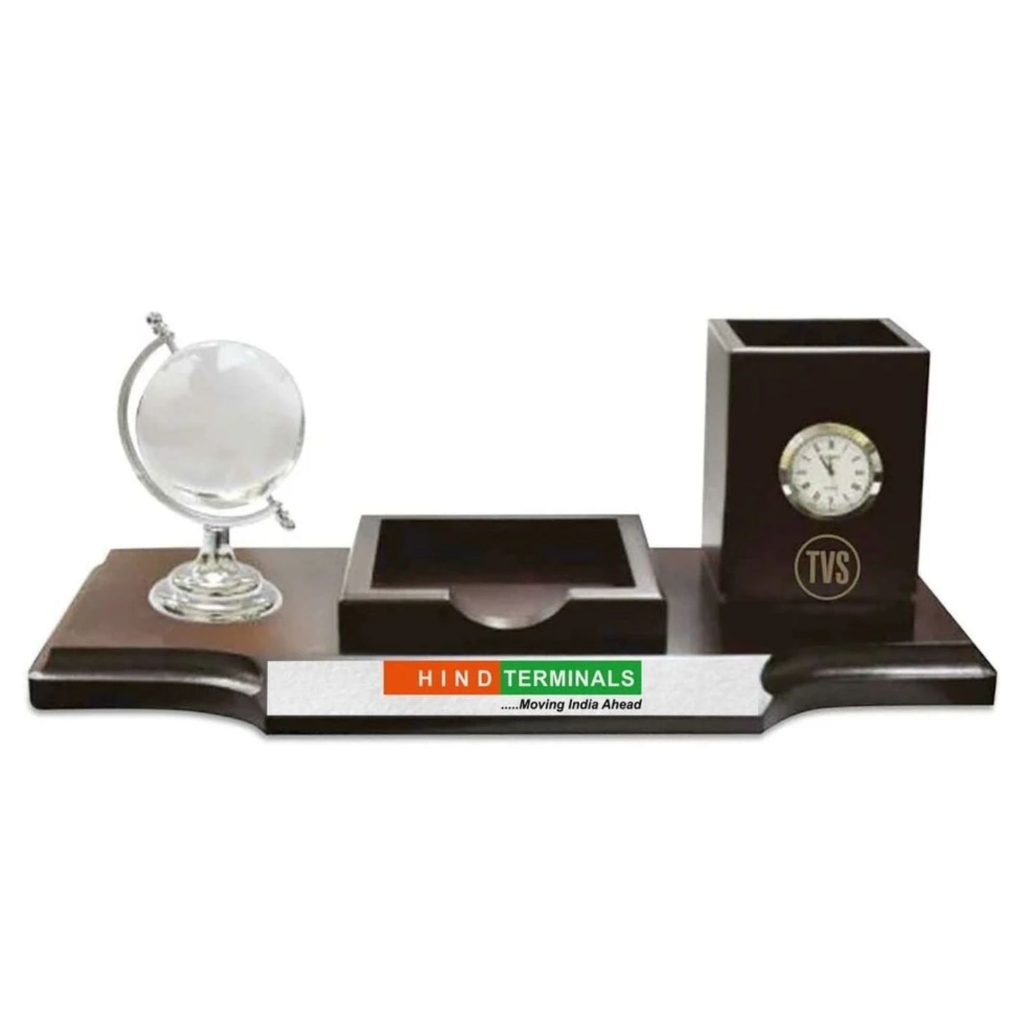 World Globe Desk Organizer With Clock, Wood