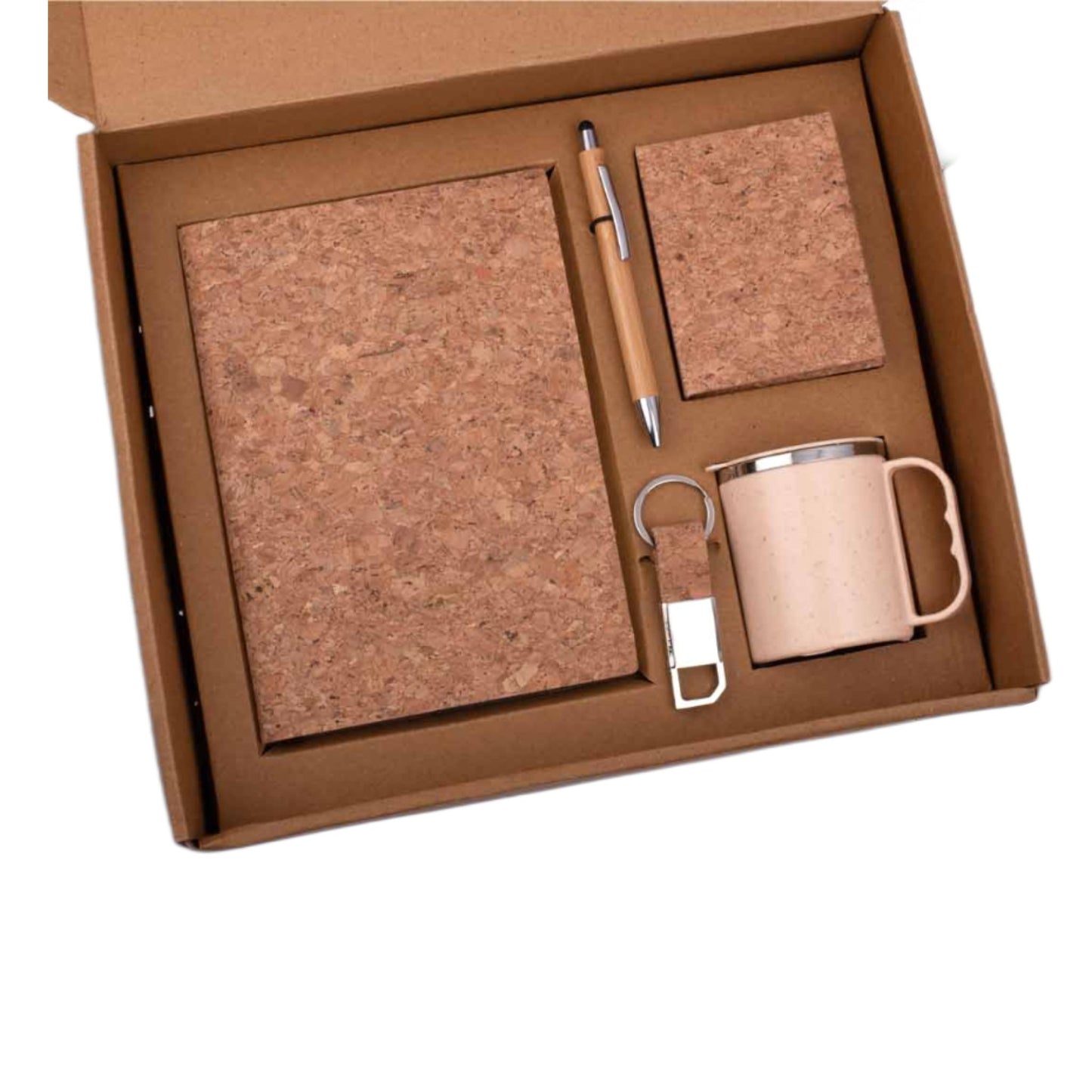 Set of A5 Cork notebook, Eco Steel mug, Bamboo Pen, Cork Keychain & Cork Sticky notepad in Kraft Gift Box