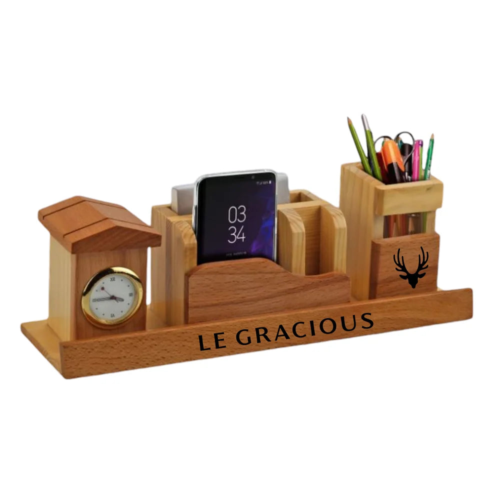 Home Shape Wooden Desk Organizer With Clock