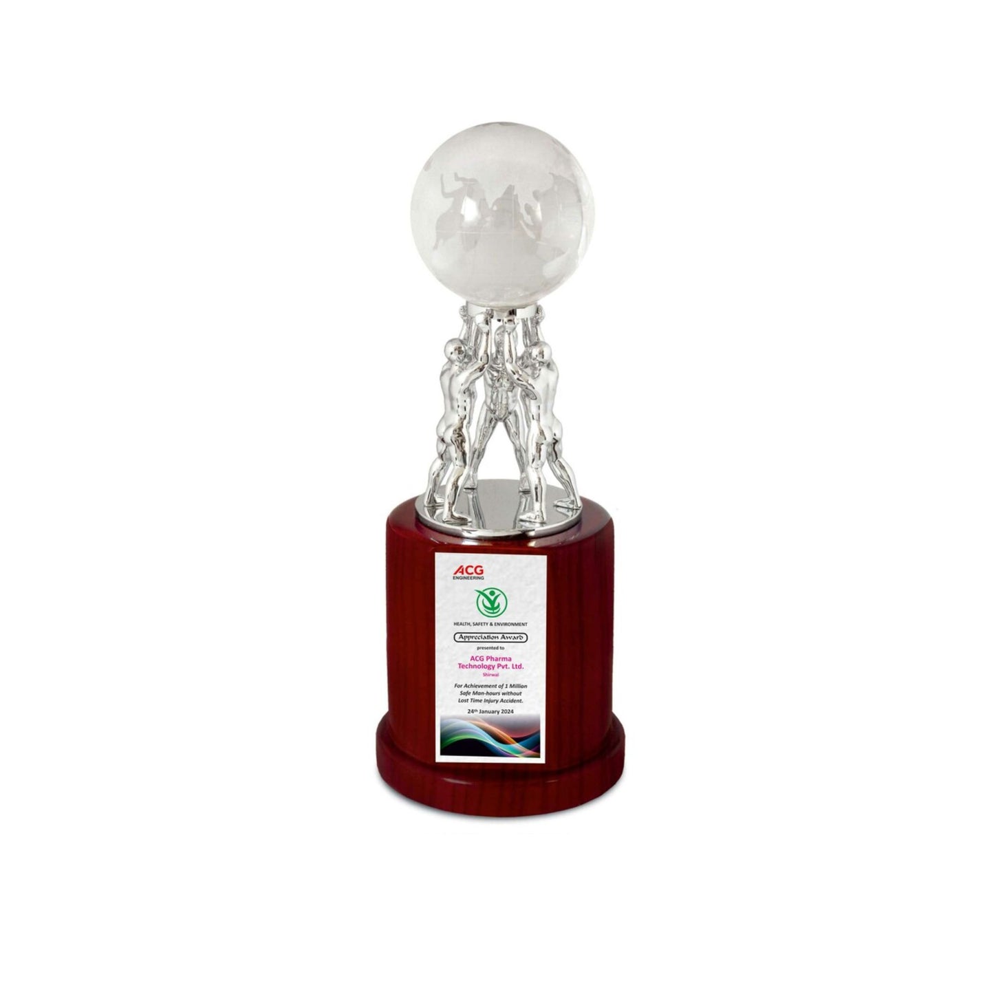 Team Work Globe Silver Trophy, On A Wooden Base.