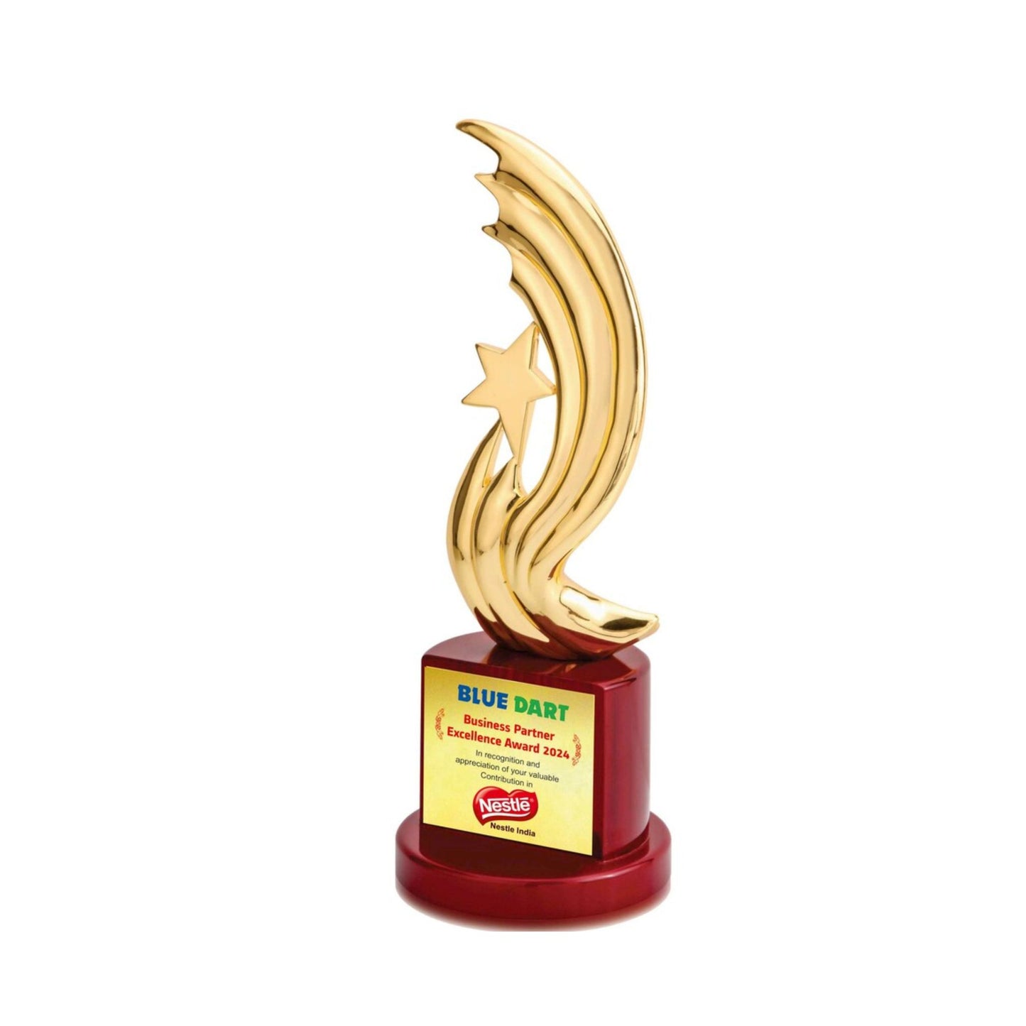 Premium Metal Designer Star Trophy, On A Wooden Base