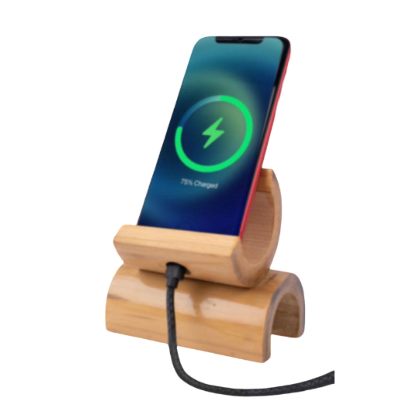 Bamboo Half moon phone stand with mobile Charging hole