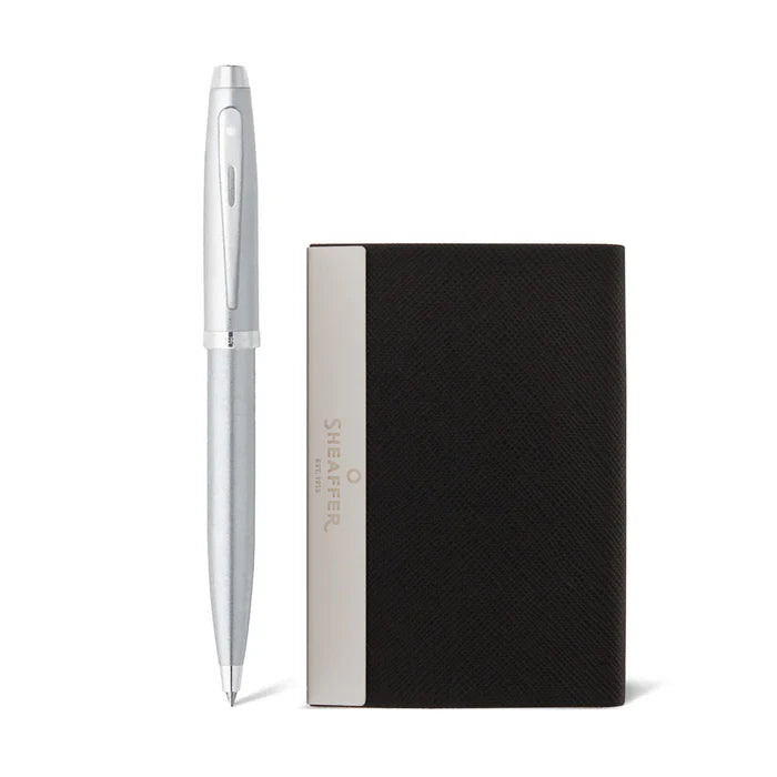 9306 BP + BCH Sheaffer Gift Set ft. Brushed Chrome 100 Ballpoint Pen with Chrome Trims and Business Card Holder
