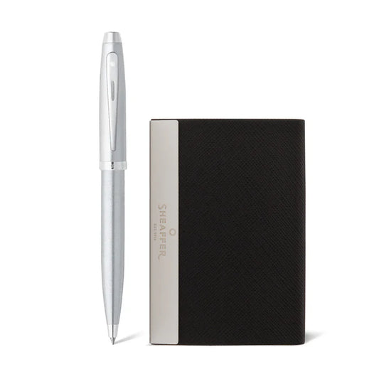 9306 BP + BCH Sheaffer Gift Set ft. Brushed Chrome 100 Ballpoint Pen with Chrome Trims and Business Card Holder
