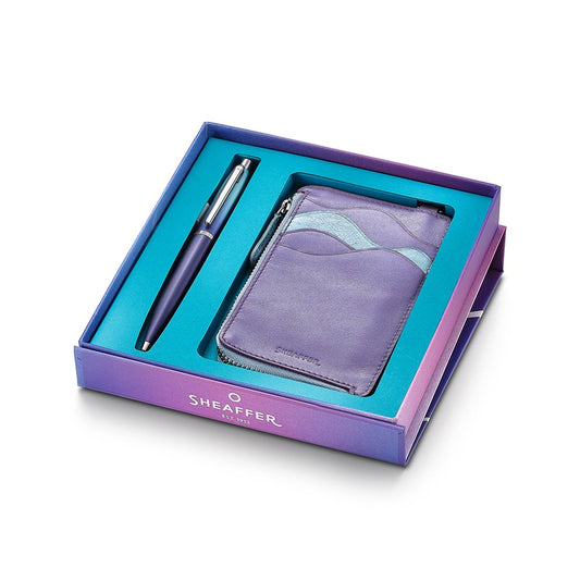 Sheaffer Expressions Gift Set VFM 9430 Blue And Purple Pearlised Gradient Ballpoint Pen With Genuine Leather Card Case