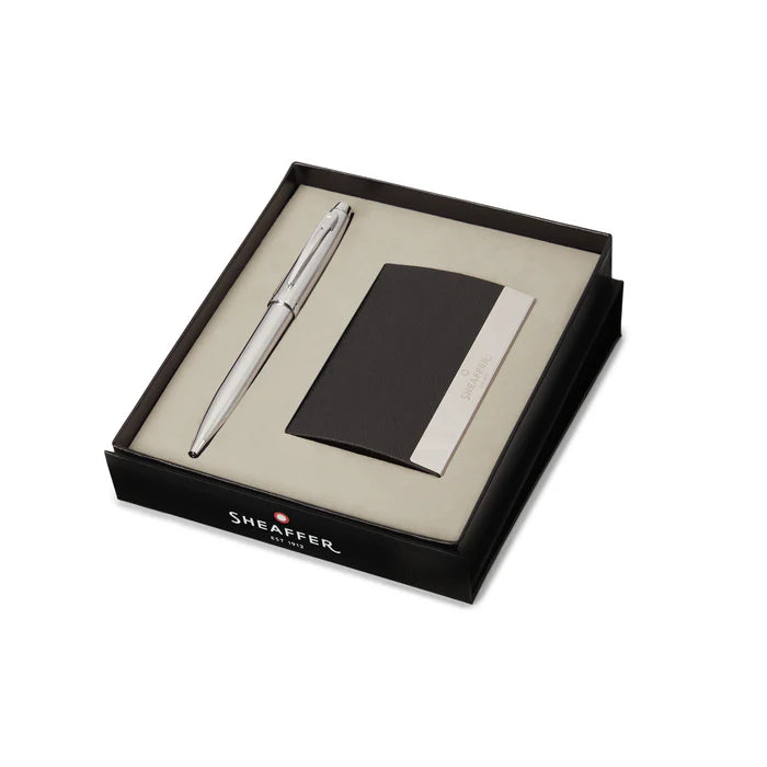 9306 BP + BCH Sheaffer Gift Set ft. Brushed Chrome 100 Ballpoint Pen with Chrome Trims and Business Card Holder