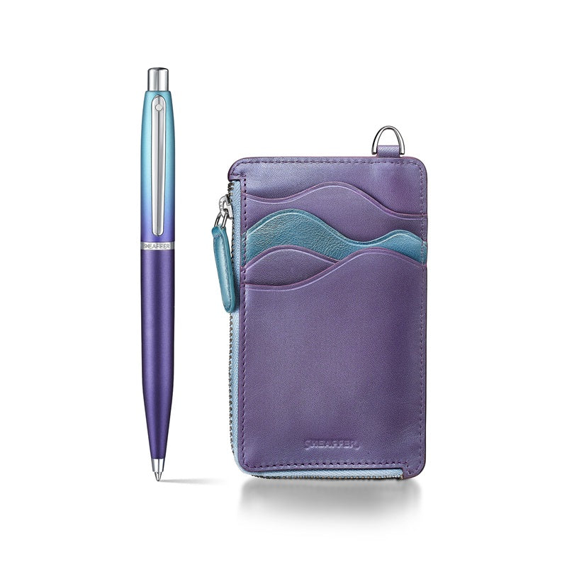 Sheaffer Expressions Gift Set VFM 9430 Blue And Purple Pearlised Gradient Ballpoint Pen With Genuine Leather Card Case