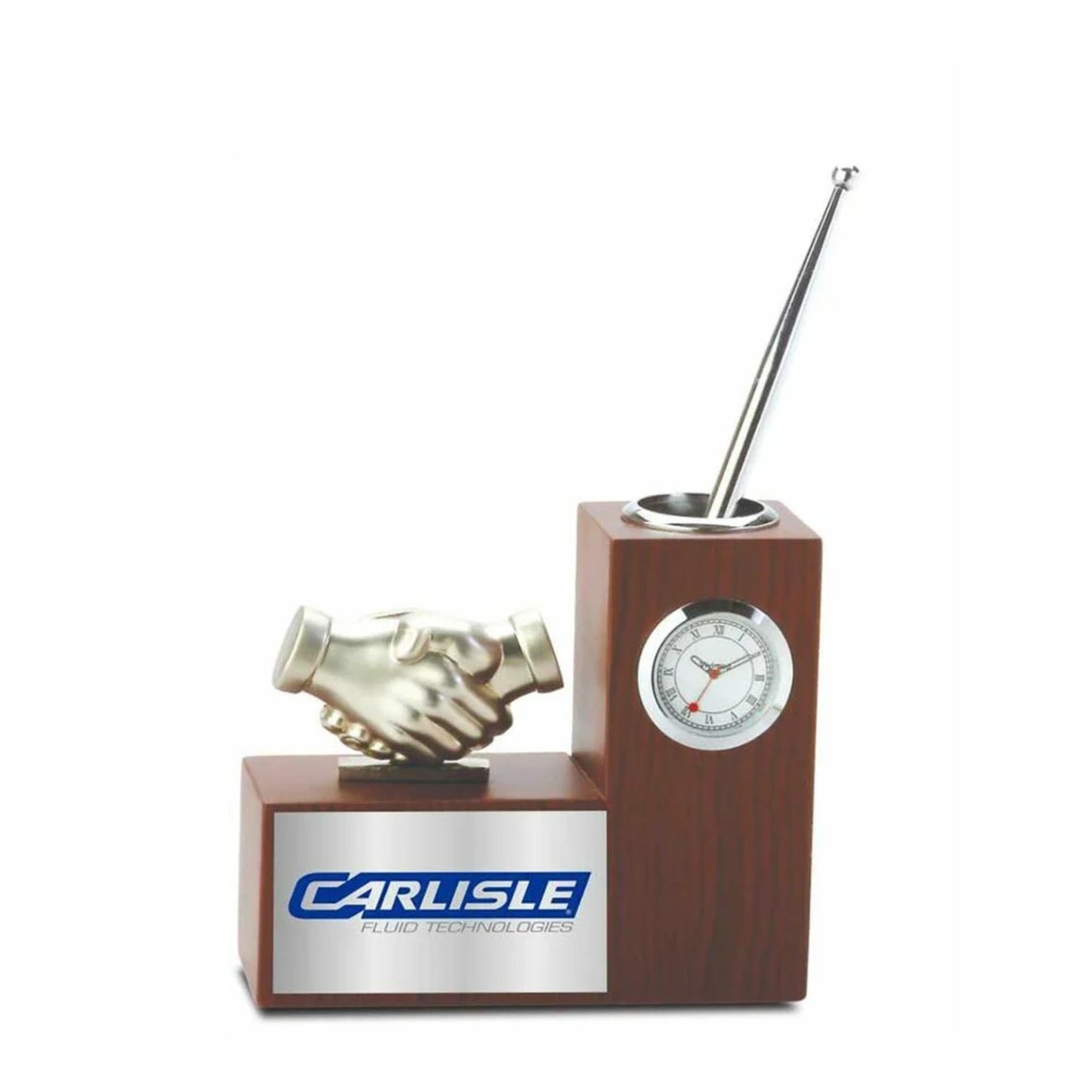 Silver Handshake Pen Stand With Clock