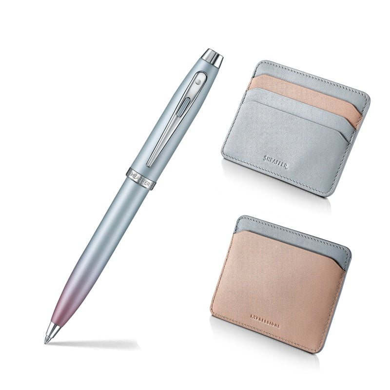 Sheaffer Expressions Gift Set 100 9376 Blue And Pink Pearlised Gradient Ballpoint Pen With Chrome-Plated Trims And Genuine Leather Wallet