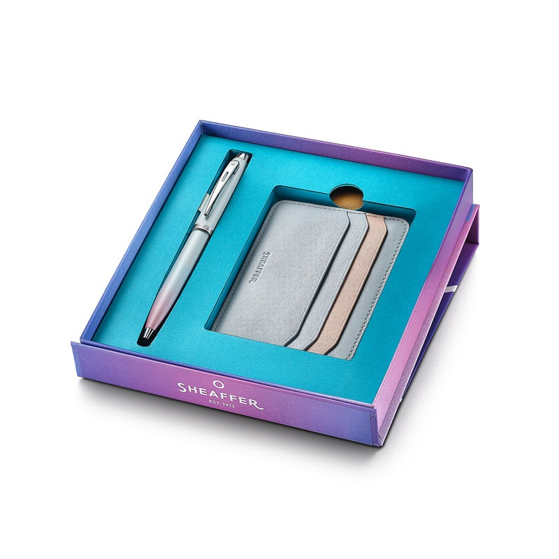 Sheaffer Expressions Gift Set 100 9376 Blue And Pink Pearlised Gradient Ballpoint Pen With Chrome-Plated Trims And Genuine Leather Wallet