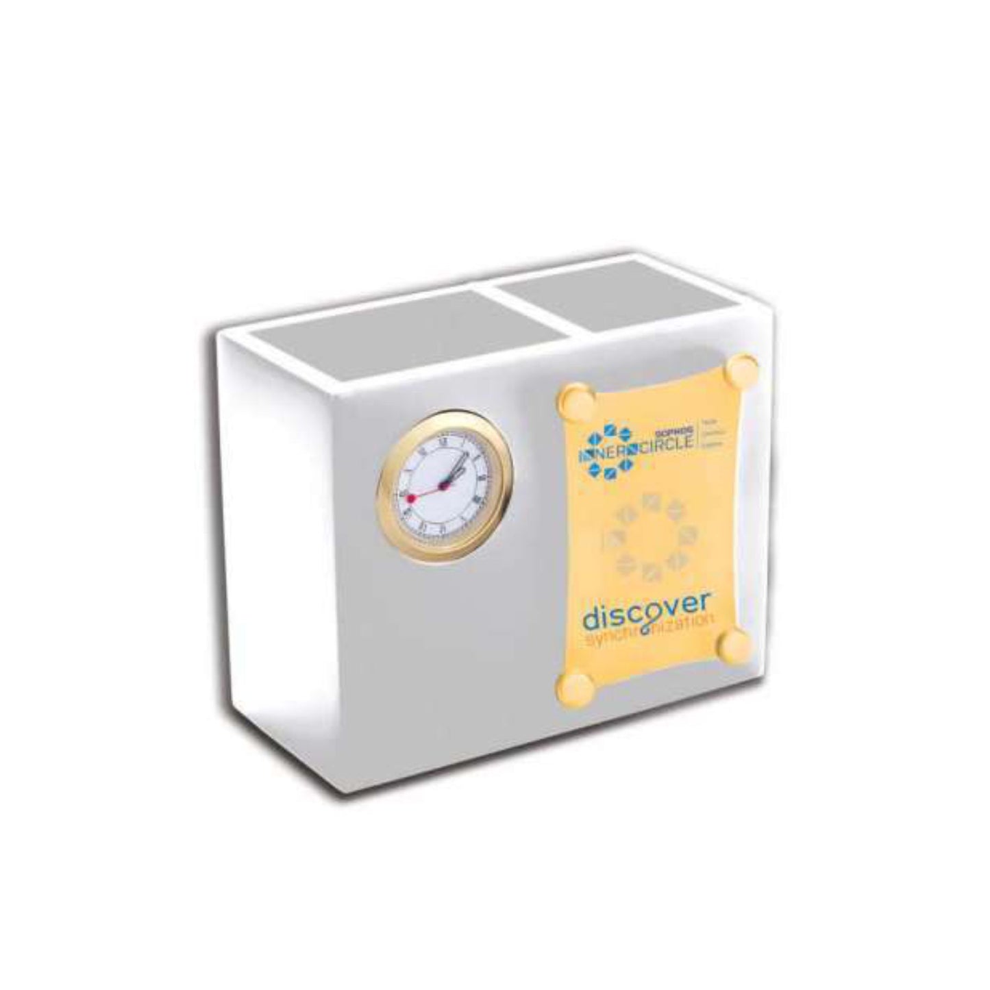 White Desk Pen Stand With Clock