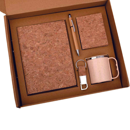 Set of A5 Cork notebook, Eco Steel mug, Bamboo Pen, Cork Keychain & Cork Sticky notepad in Kraft Gift Box