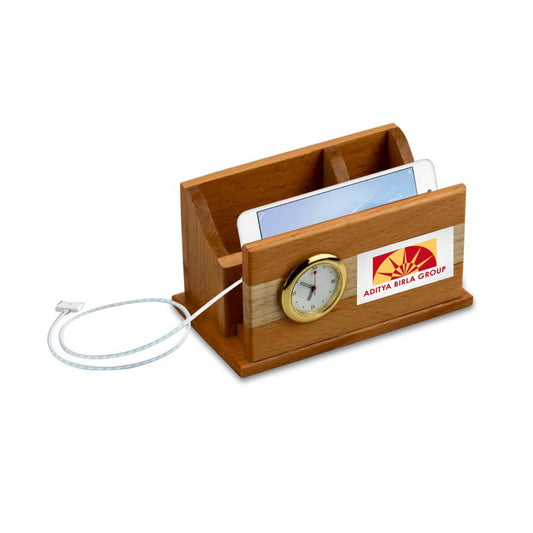 Wooden Desk Organiser With Clock