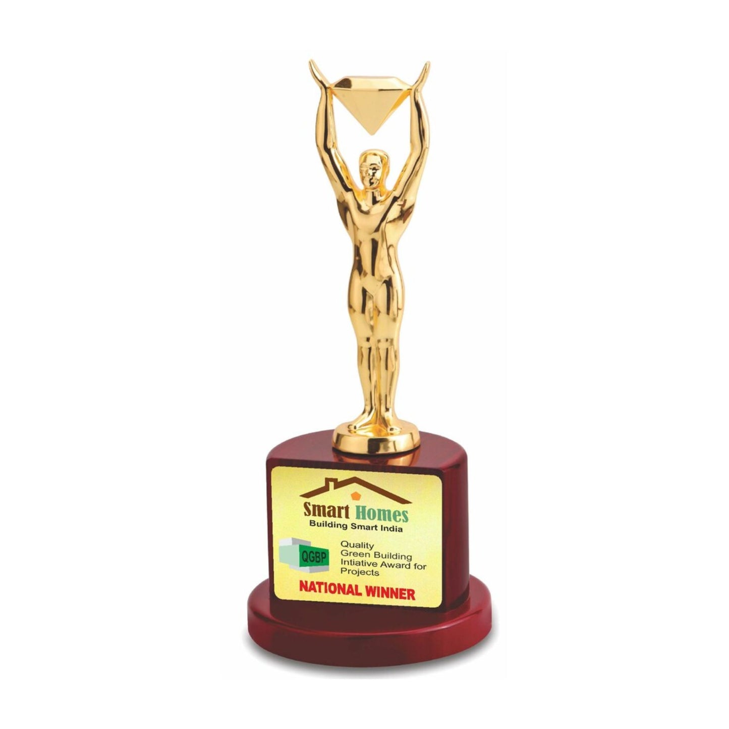 Premium Trophy With A Man Holding A Diamond, On A Wooden Base.