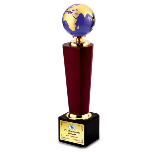 Premium Blue Globe Trophy, Made Of High Gloss Wood, And Metal Parts.