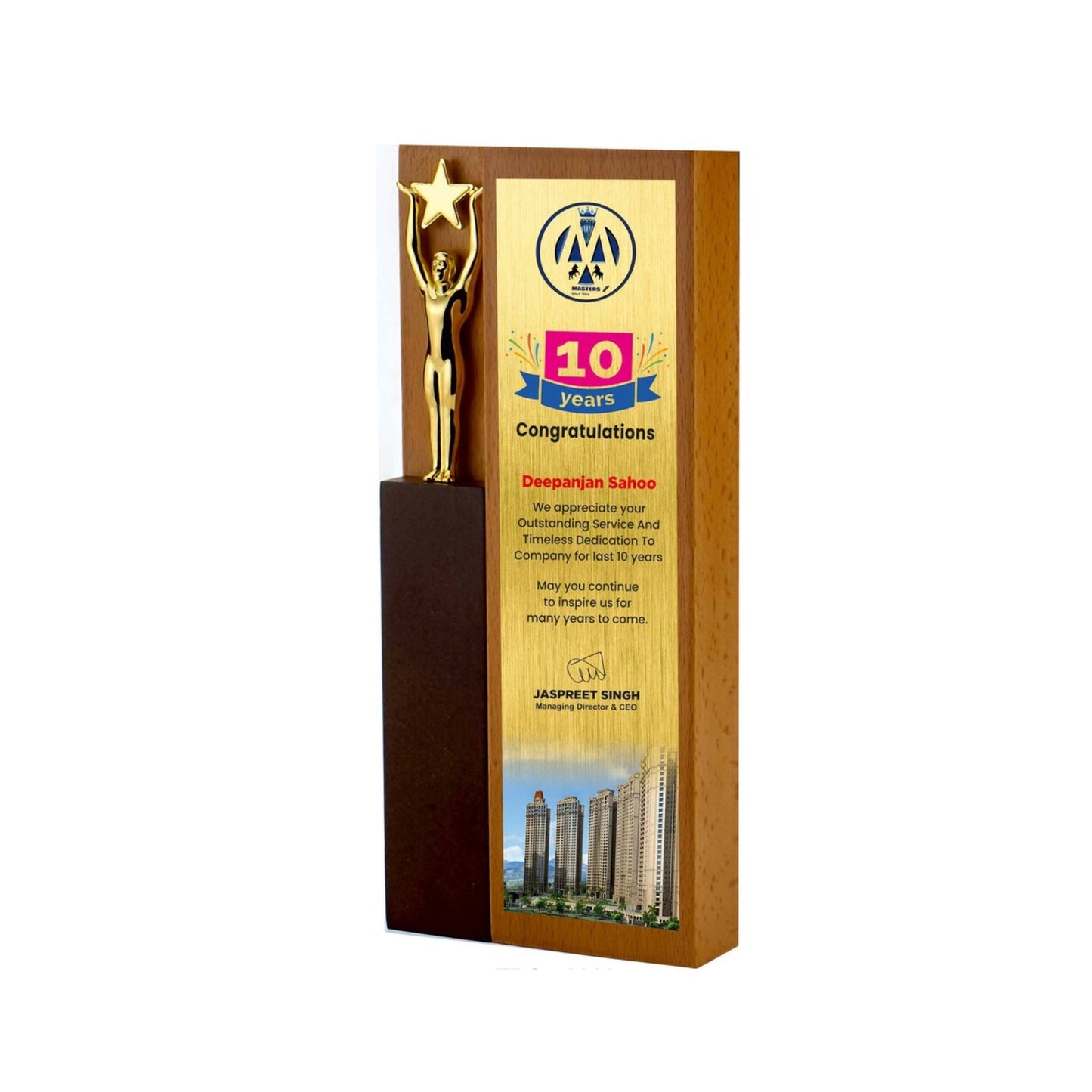 Wooden Brick Trophy With Small Star Man