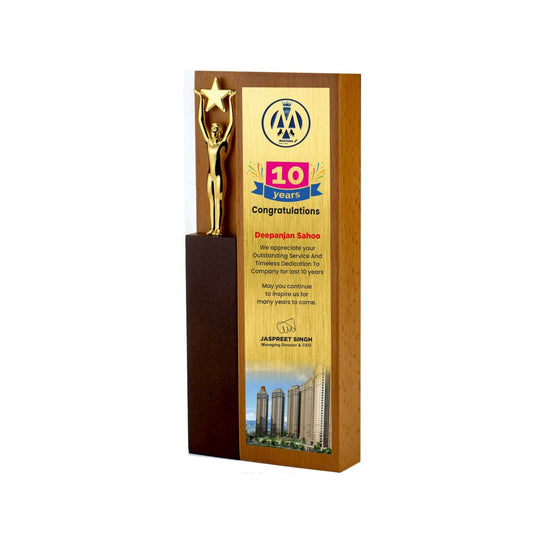 Wooden Brick Trophy With Small Star Man