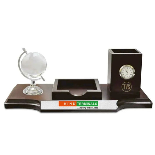 World Globe Desk Organizer With Clock, Wood