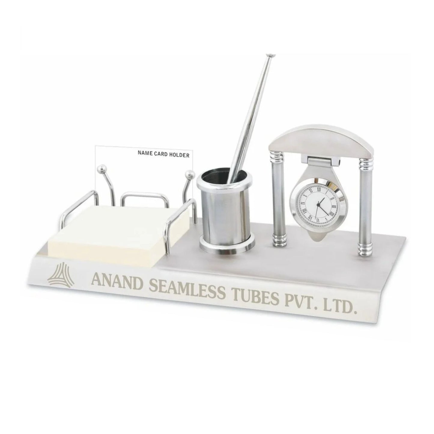 Metal Silver Memo Pad, Pen Stand & Name Card Holder, For Office