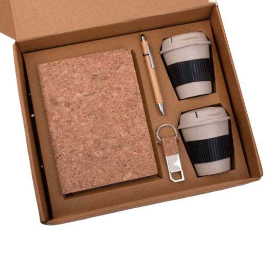 Set of A5 Cork notebook, 2 Bamboo Coffee Mugs with Silicon Sleeve, Bamboo Pen & Cork Keychain in Kraft Gift Box
