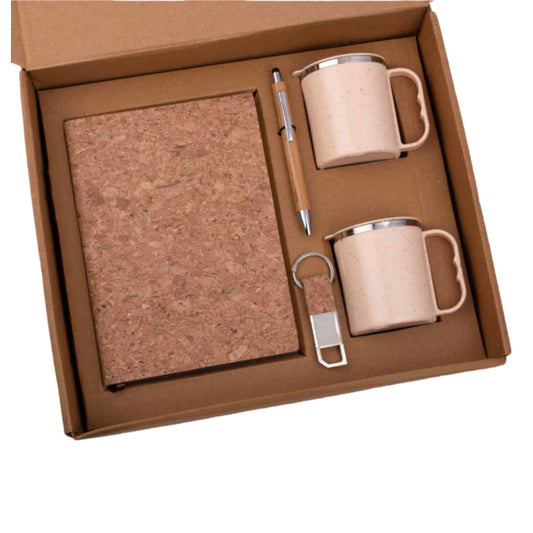 Set of A5 Cork notebook, 2 Eco Steel mugs, Bamboo Pen & Cork Keychain in Kraft Gift Box