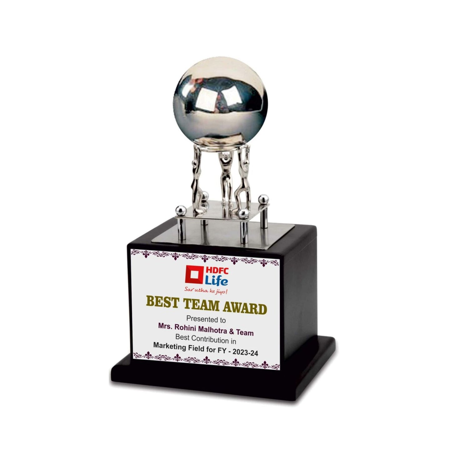 Silver Figures Raise A Reflective Globe