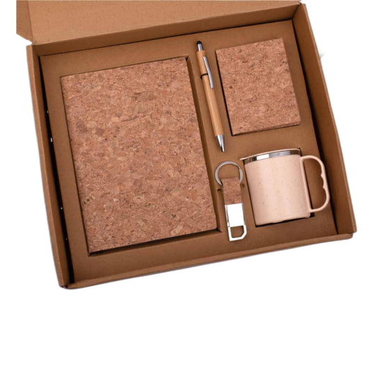 Set of A5 Cork notebook, Eco Steel mug, Bamboo Pen, Cork Keychain & Cork Sticky notepad in Kraft Gift Box