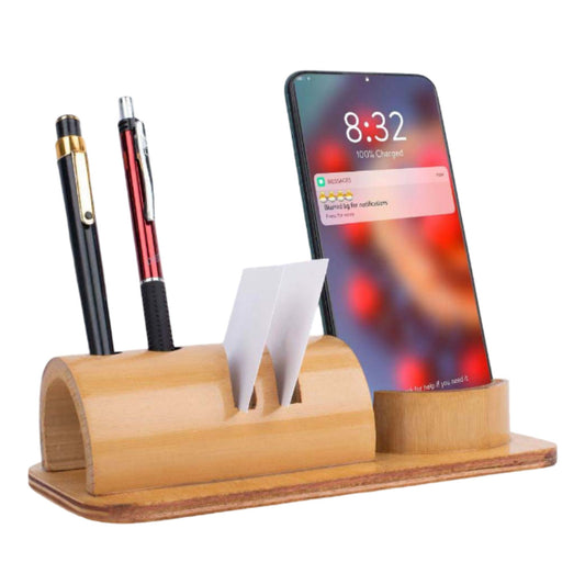 Bamboo phone stand with card holder and double pen stand