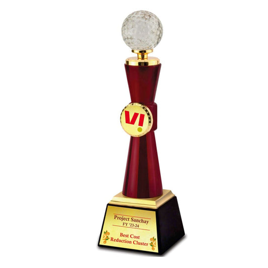 Premium Crystal Golf Ball Award, Made Of Wood, With Metal Parts.