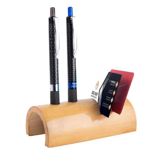 Bamboo card holder with double pen holder