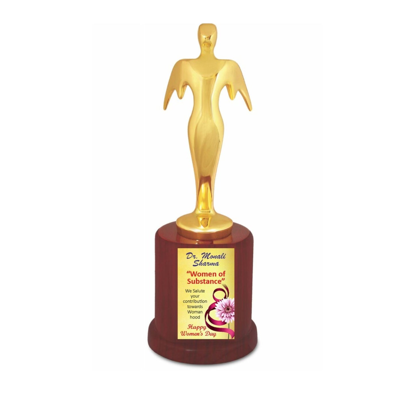 Premium Golden Lady Trophy, On A Wooden Base.